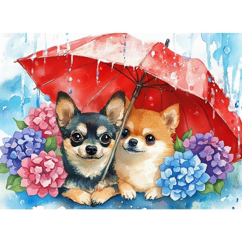 ダイヤモンドアート キット 四角ビーズ チワワ 雨の日 紫陽花 犬 梅雨