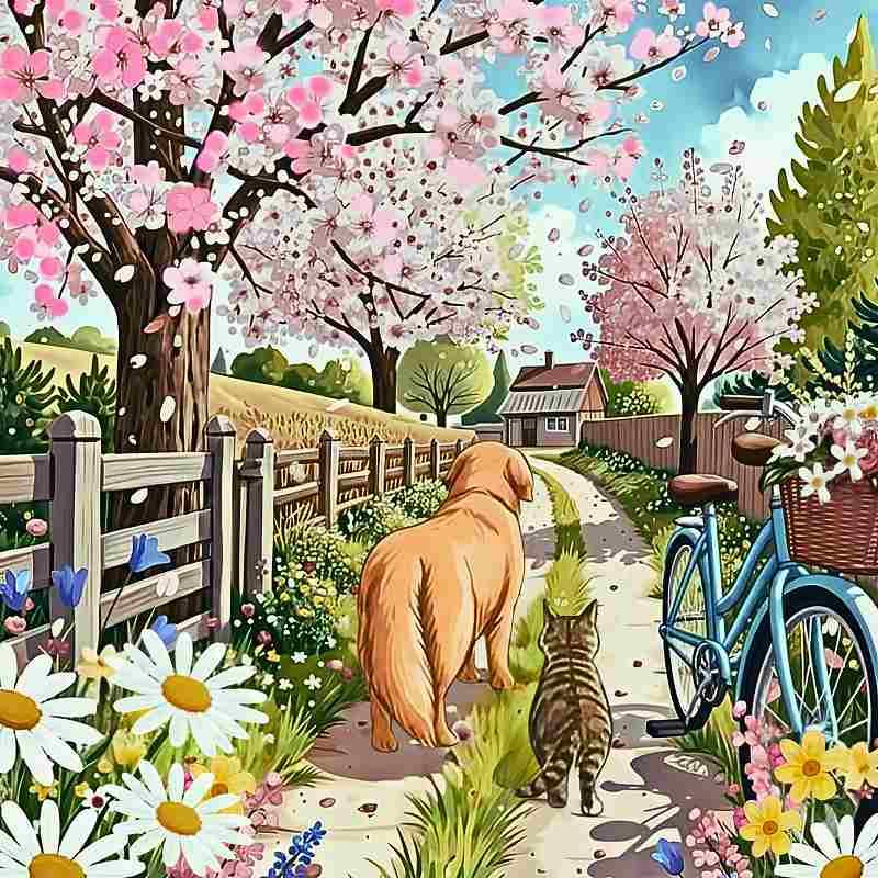 ダイヤモンドアート キット 四角ビーズ ABビーズ 桜の小道 犬 猫