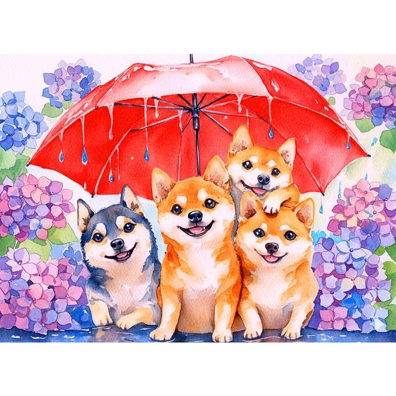 ダイヤモンドアート キット 四角ビーズ 柴犬 雨の日 紫陽花 犬 梅雨 AB