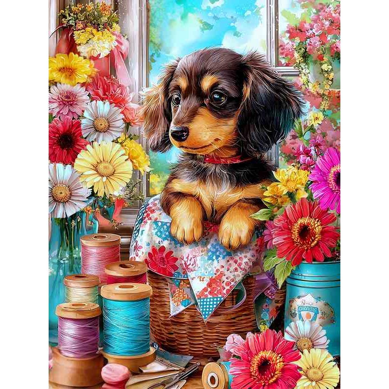 ダイヤモンドアート セット 四角ビーズ ABビーズ 犬 窓辺の特等席