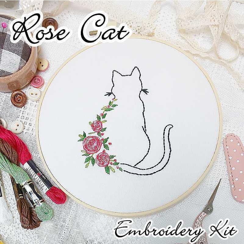 刺繍キット 初心者 猫 Rose Cat 薔薇 かんたん 日本語説明書付き