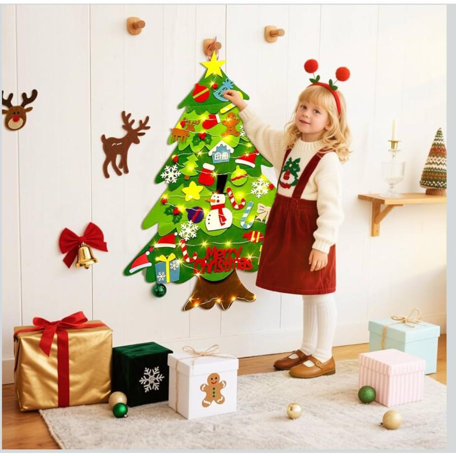 クリスマスツリー フェルト製 壁掛け 100cm 32点セット 5m LEDライト