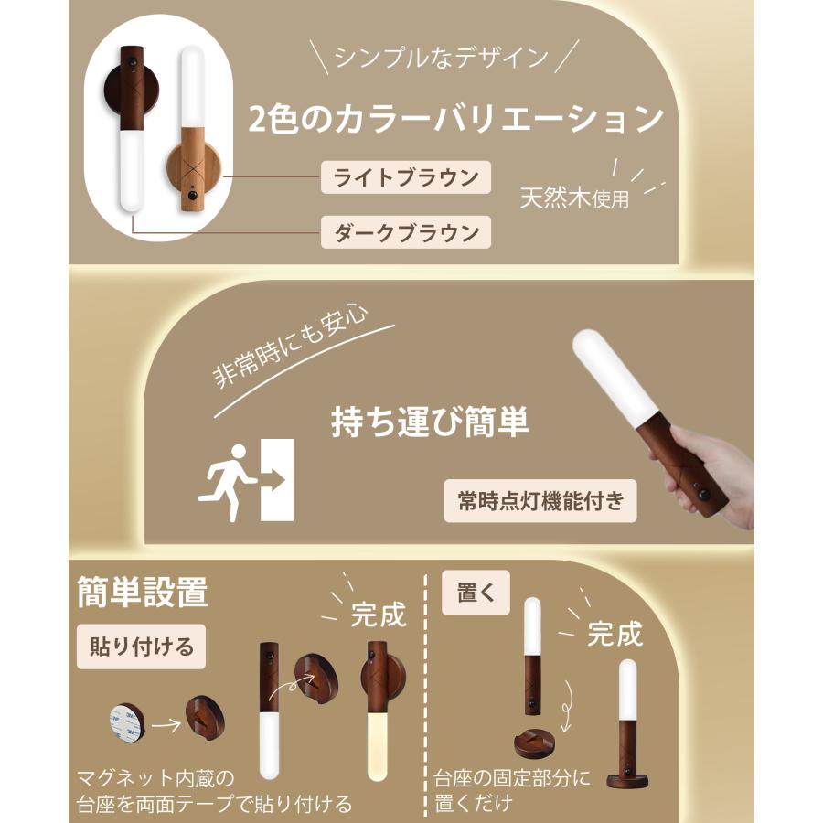 人感センサーライト 多機能 木製 USB充電式 LED 照明 クローゼット LED