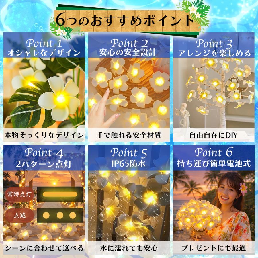 プルメリア イルミネーションライト 6m 40LED 電池式 IP65防水 常時
