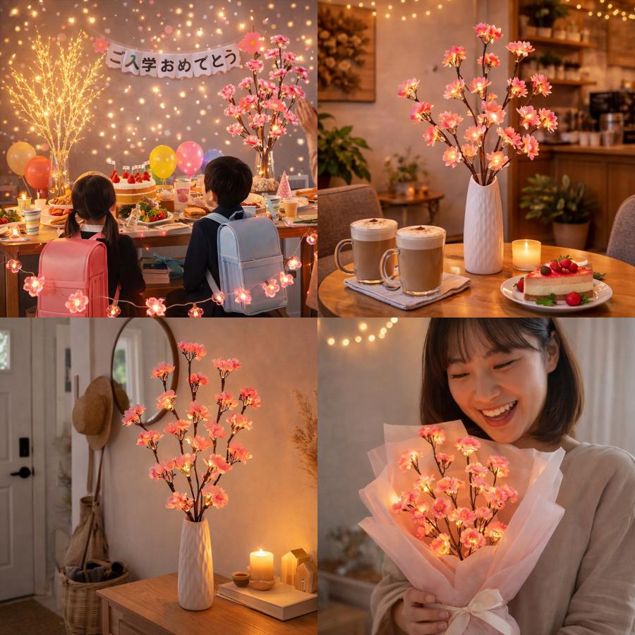 大人気】桜のウォールライト イルミネーション 間接照明 インテリア 暖色系 桜 生花ライト LED 50球 電池式 サクラ さくら ワイヤー入り 高輝度