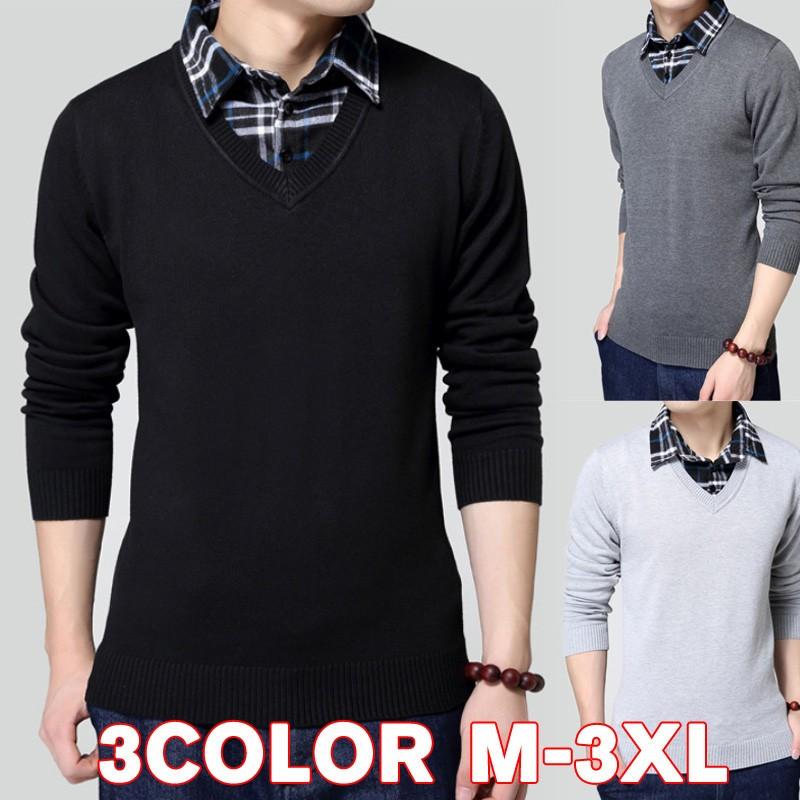ニット メンズ 長袖 シャツ襟ネック セーター 無地 シンプル 薄手 カジュアル トップス セーター お兄系 大きな取引