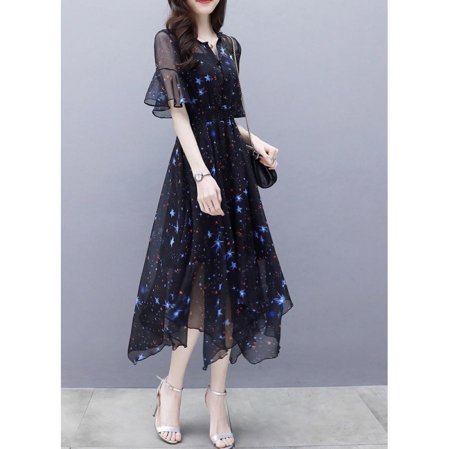 マキシワンピース レディース 40代 きれいめ シフォンワンピ 上品 夏服 カジュアル 通勤 ロング丈 星柄 半袖 ロングワンピース Aops Aura 通販 Yahoo ショッピング