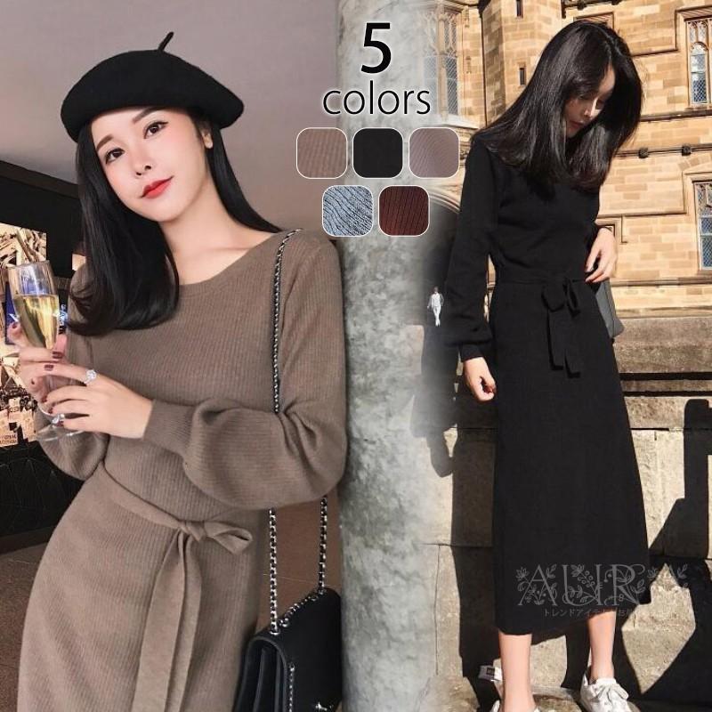 ワンピース レディース 秋冬 ニットワンピース 長袖 ロング丈 ワンピース 無地 Aライン リボン 着痩せ 上品 通勤 新作 Aops Aura 通販 Yahoo ショッピング