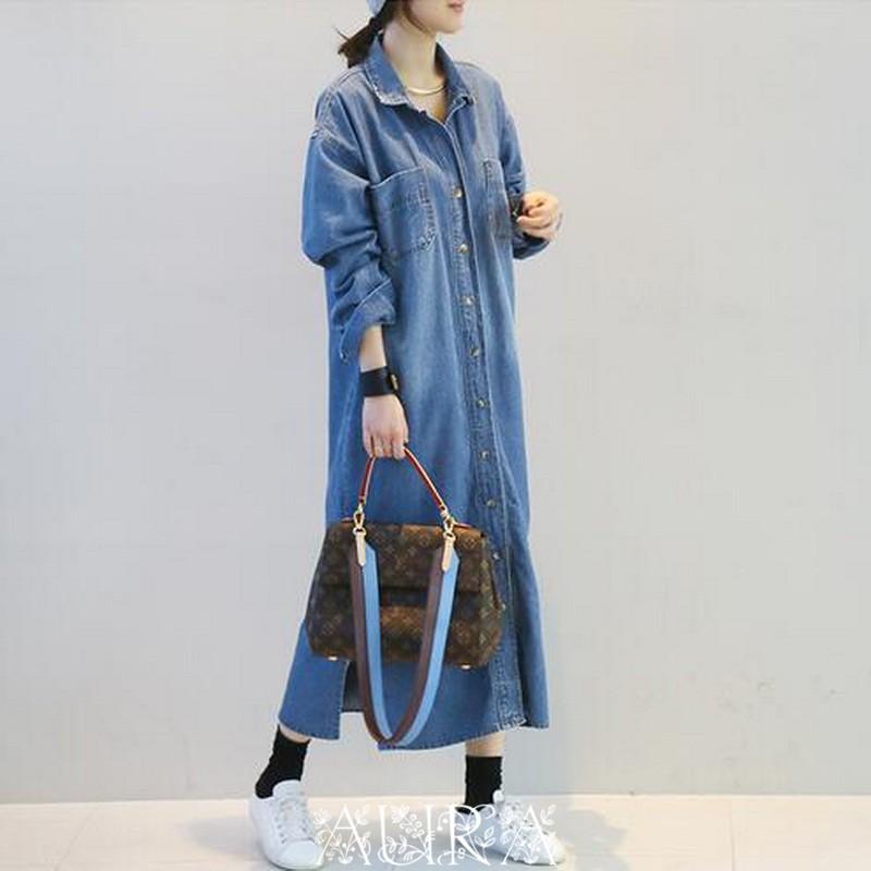 デニムワンピース シャツワンピース ジーンズ ロング丈 ワンピース レディース デニムシャツ 春秋 ジーンズ レディース 前開き お出かけ ロングデニム Aops Aura 通販 Yahoo ショッピング