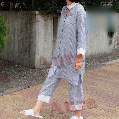 人気デザイナー パジャマ レディース 春秋前開き 長袖 ランジェリー ストライプ 襟付き 綿 ふわふわ 上下セット パジャマ ナイティ ルームウェア 女性 部屋着 パジャマ 色 ダークブルー