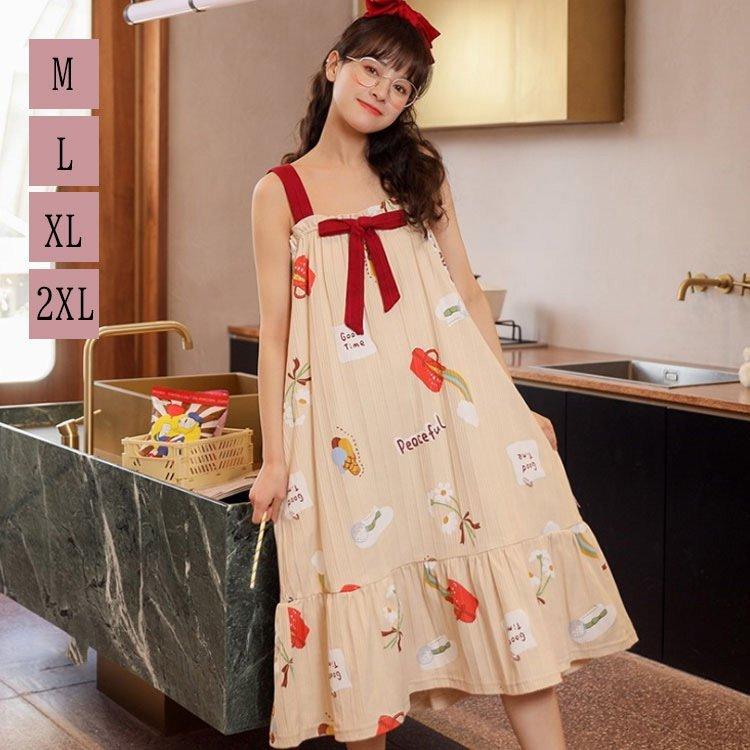 パジャマ レディース ルームウェア 春夏 リボン付き 総柄 ワンピースタイプ 綿 ノースリーブ 女性 可愛い ロング 韓国風 寝巻き 部屋着 ゆったり ランジェリー 注目のブランド