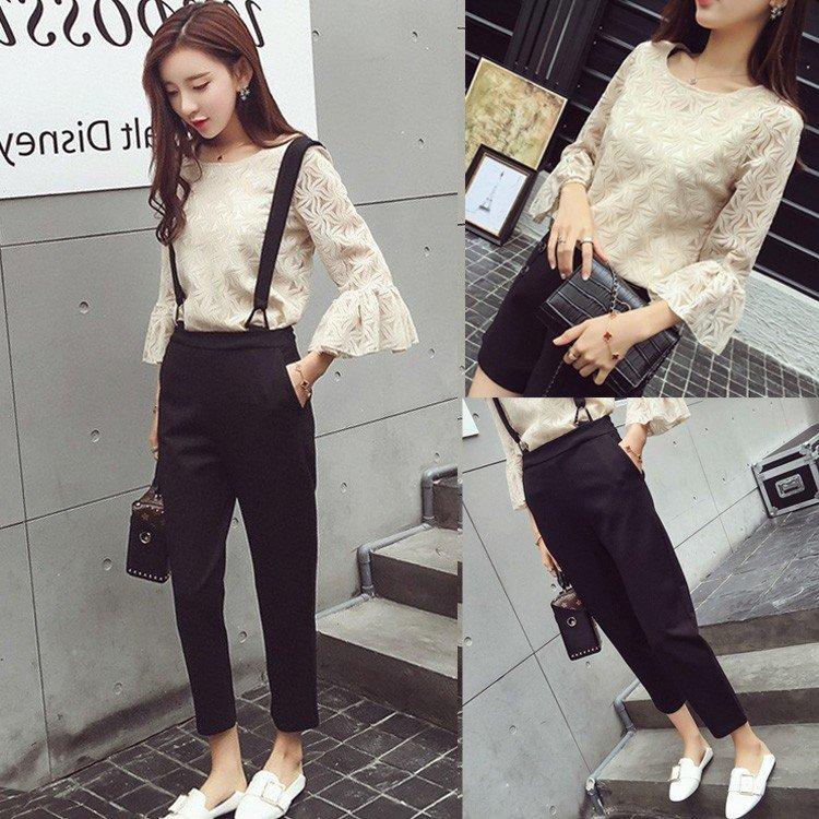 セットアップ レディース 40代 春秋 長袖 総レース トップス フレア きれいめ サスペンダー 九分丈パンツ 2点セット ボトムス 通勤 着痩せ 人気沸騰