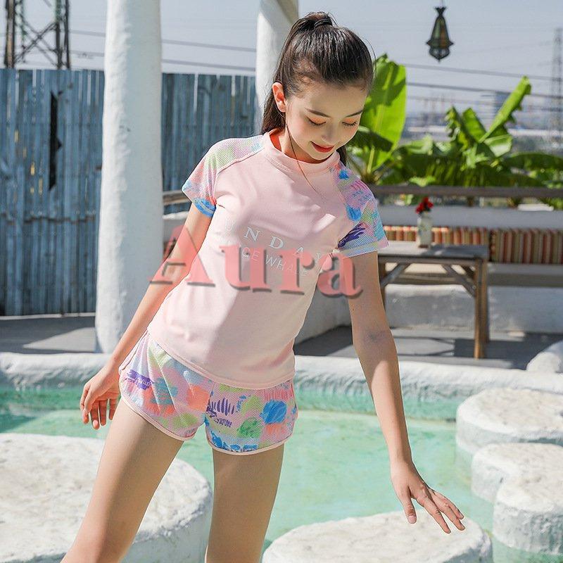 キッズ 水着 女の子 セパレート 子供 体型カバー ジュニア 2点セット 長袖トップス スカート風パンツ スイムキャップ 水泳 花柄 最大52 オフ