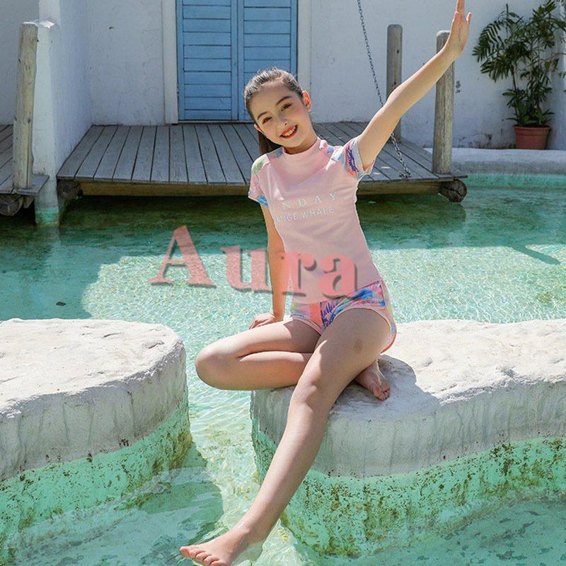 キッズ 水着 女の子 セパレート 子供 体型カバー ジュニア 2点セット 長袖トップス スカート風パンツ スイムキャップ 水泳 花柄 最大52 オフ