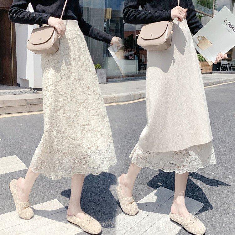 ニットスカート ロング 秋冬 レーススカート両面着れる 無地 Aライン スカート コーデ レディース 40代 白レースニットスカート ボトムス 着痩せオシャレ2色 Sgd Aura 通販 Yahoo ショッピング