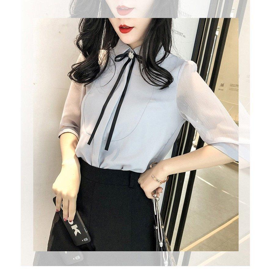 人気新品 ブラウス レディース オフィス 半袖 おしゃれ フォーマル 袖がかわいい トップス シフォンブラウス リボン フリル 春夏 通勤 2色 Organizacaosilveira Com Br