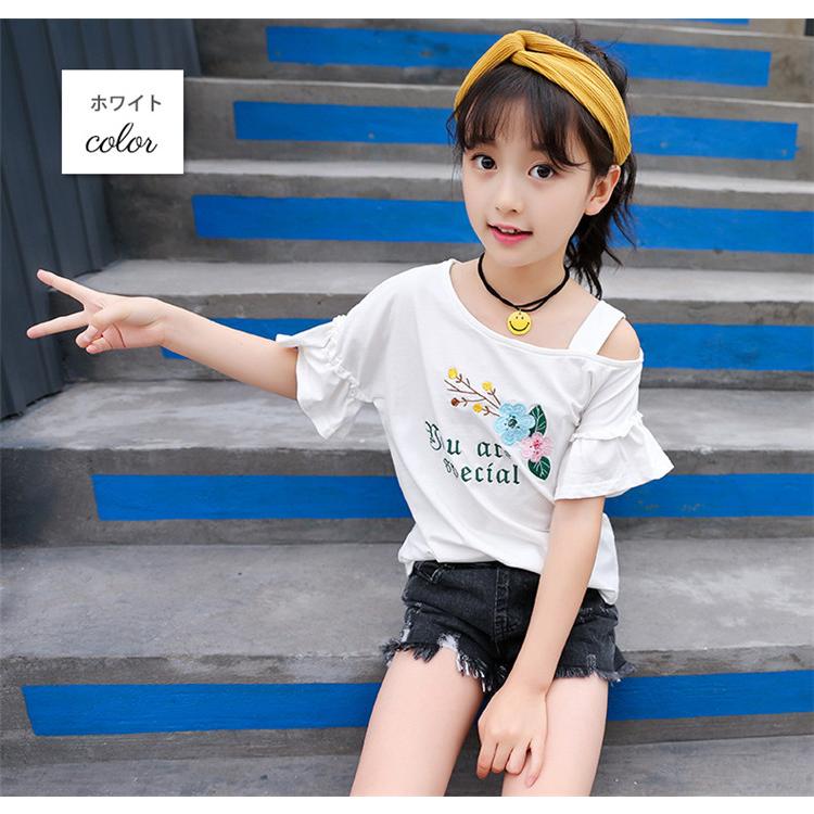 tシャツ キッズ 半袖 子供服 女の子 夏服 韓国子供服 トップス 綿 Tシャツ カットソー 肩出し こども服 ベビー服 カジュアル コーデ シンプル おしゃれ 可愛い｜shunki-aura02｜03