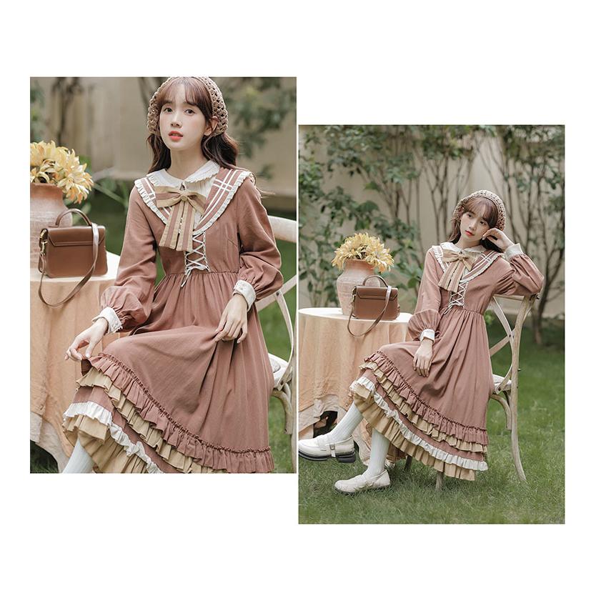 レディース ワンピースドレス ドレス ワンピース Lolita 長袖 可愛い オシャレ レース フレア リボン お洒落 ティアードスカート ワンピース 着痩せ 20代 30代 1｜shunki-aura02｜06