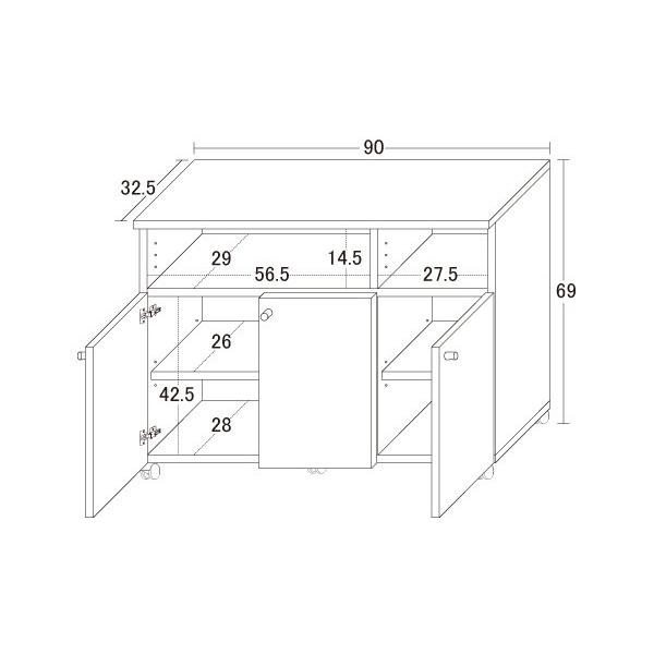 キッチンワゴン 収納 キャスター付き ホワイト 木製 棚 幅90cm 日本製