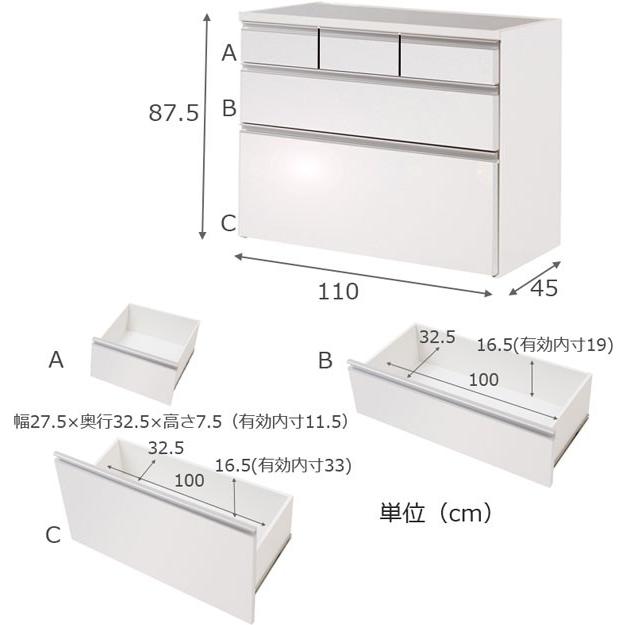 キッチンカウンター チェスト 3段 引き出し5杯 艶出しホワイト 幅110
