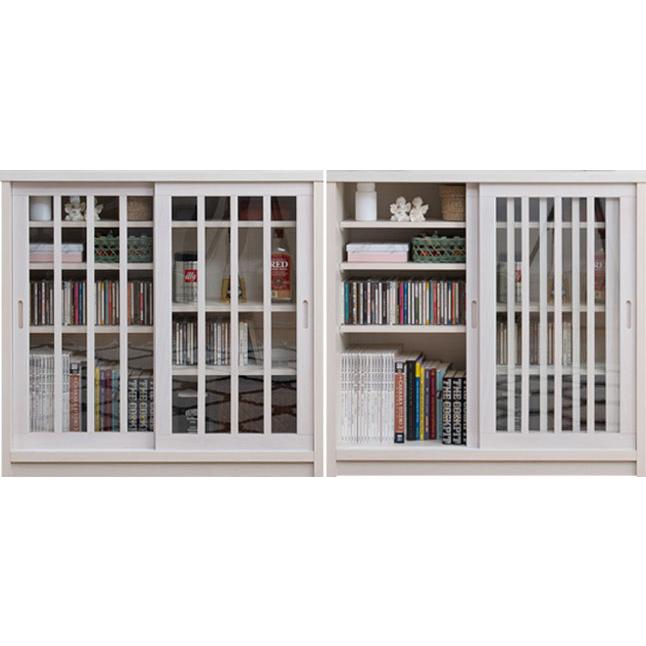 キャビネット ガラス扉収納 引き戸 ホワイト 木製 幅90.5 コンパクト