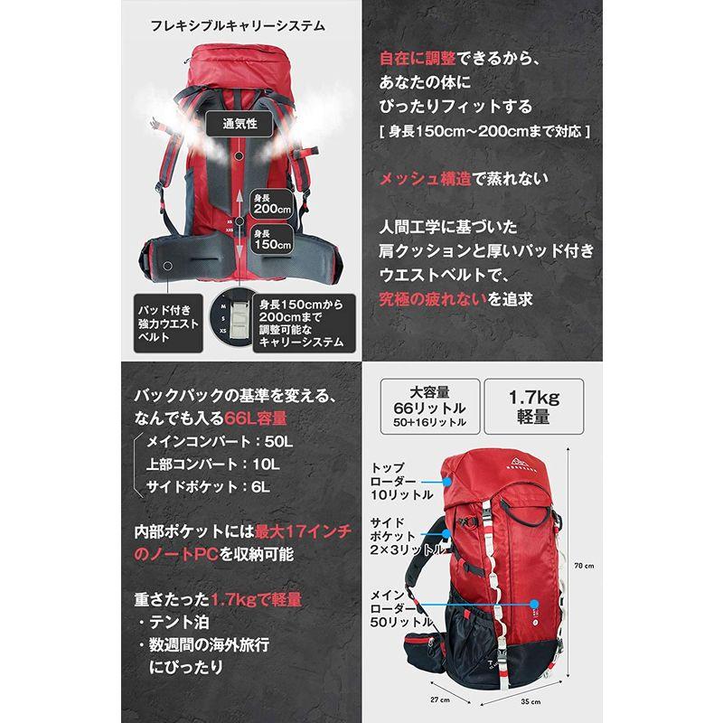 NORDKAMM バックパック 50L + 10L 大容量 軽量1.7kg 防水 レイン NORDKAMM バックパック 50L + 10L 大容量 軽量1.7kg 防水 レイン