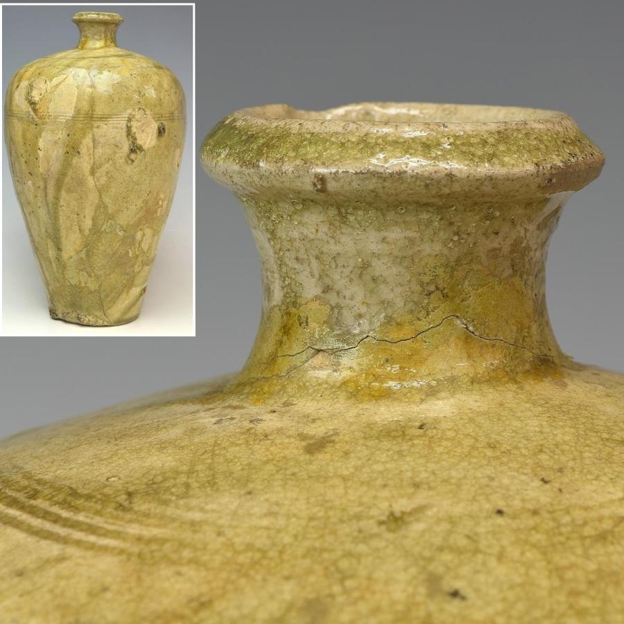 鎌倉期 瀬戸 花瓶(ZE557) 趣楽】 希少 鎌倉時代 古瀬戸 灰釉瓶子 高さ29，5cm 花瓶 壺 本物