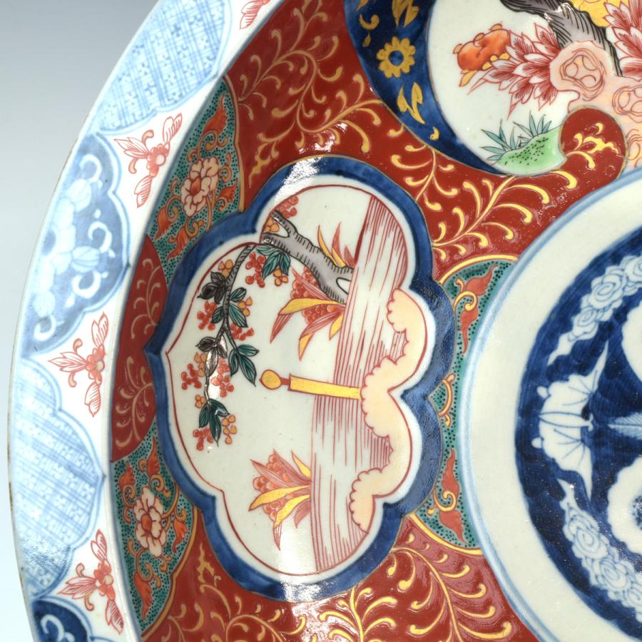 古伊万里焼 明治時代 【錦花鳥図細密小紋飾り皿】 直径47.3cm 本物保証