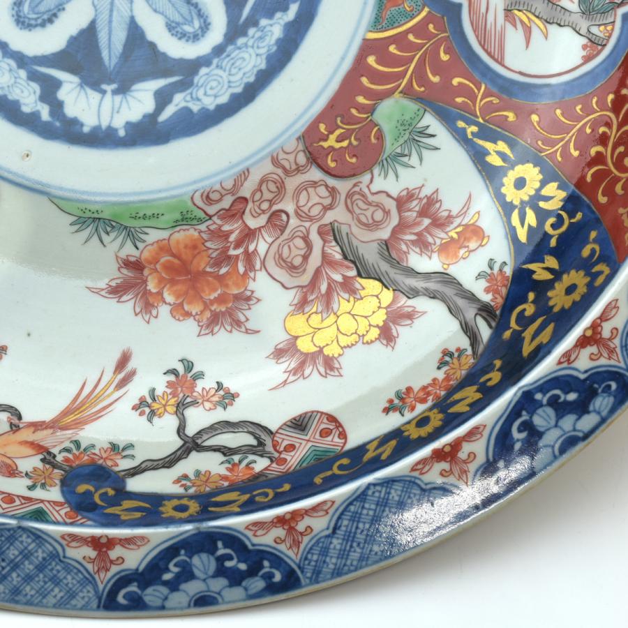 古伊万里焼 明治時代 【錦花鳥図細密小紋飾り皿】 直径47.3cm 本物保証