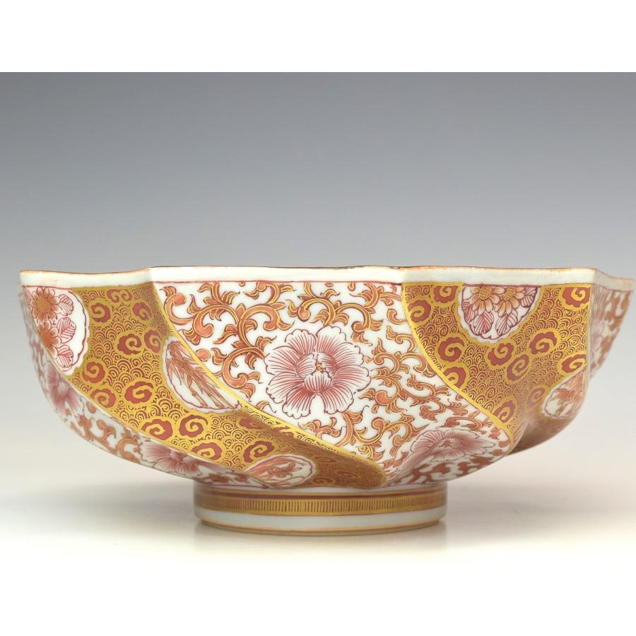 趣楽】 九谷焼 翠東作 色絵花唐草文捻り鉢 直径21，2cm 共箱 共布