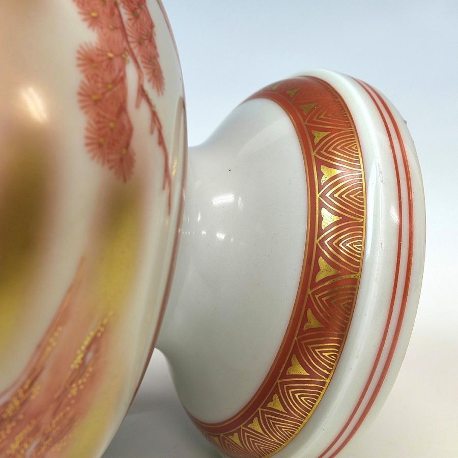 趣楽】 明治時代 九谷焼 赤絵金彩富士松鷹鯉図盃洗一対 直径15cm 