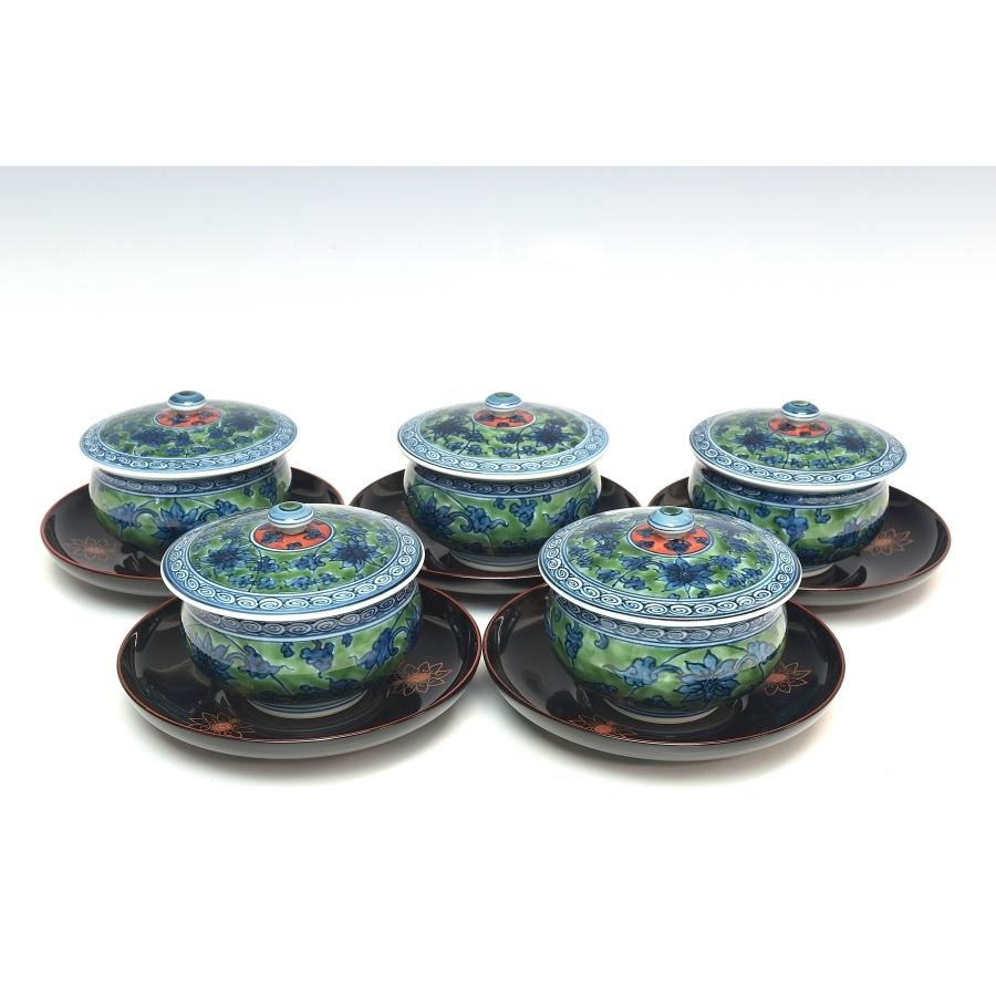 趣楽】 人気作家 館林源右衛門作 緑彩唐草文茶器セット 漆茶櫃 茶托 共  