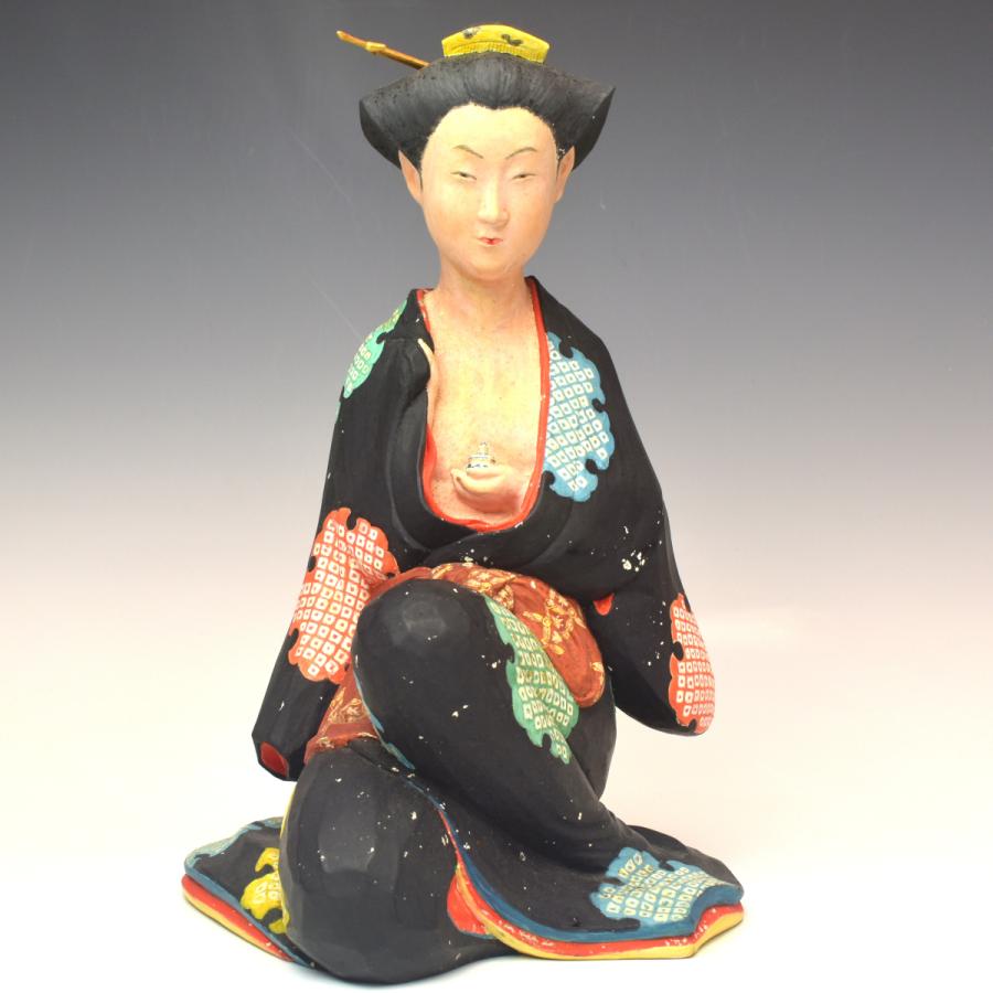 趣楽】 江戸仏師 【西山如拙】作 彩色木彫 『薫香』 共箱 高27