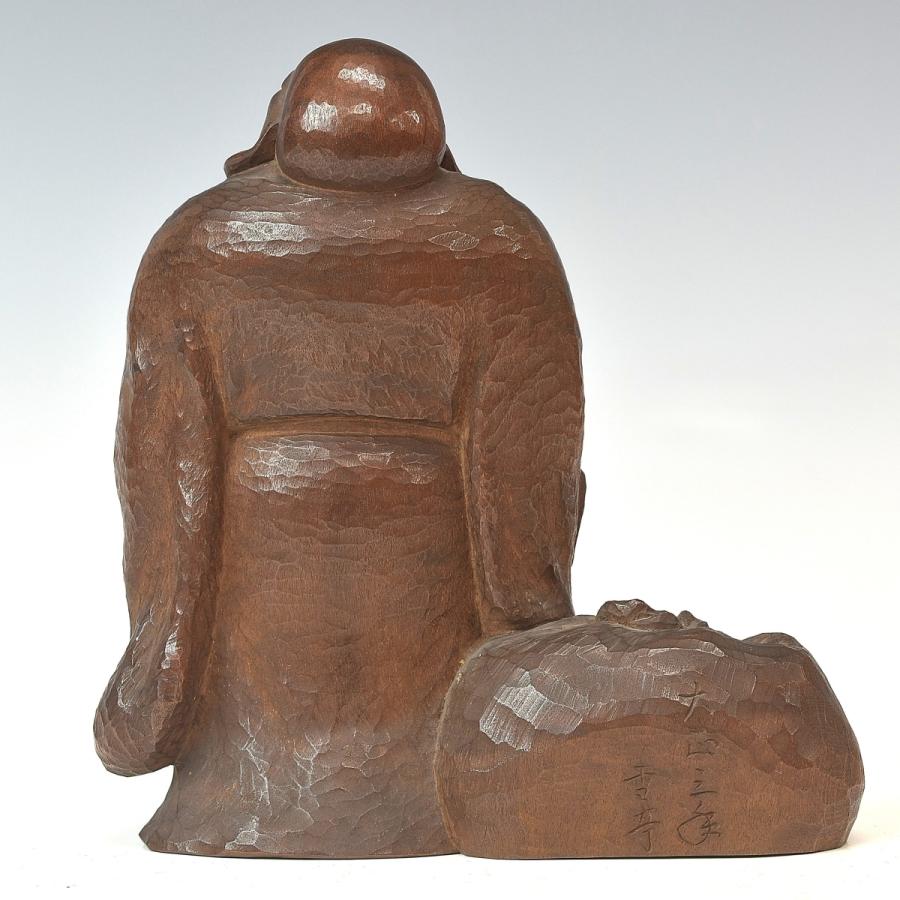 趣楽】 大正時代 雪亭作 「月見布袋像」 高さ13cm 木材ノミ彫り