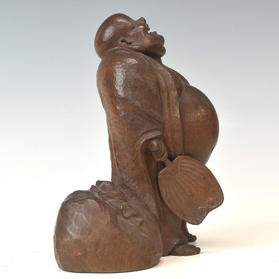 趣楽】 大正時代 雪亭作 「月見布袋像」 高さ13cm 木材ノミ彫り