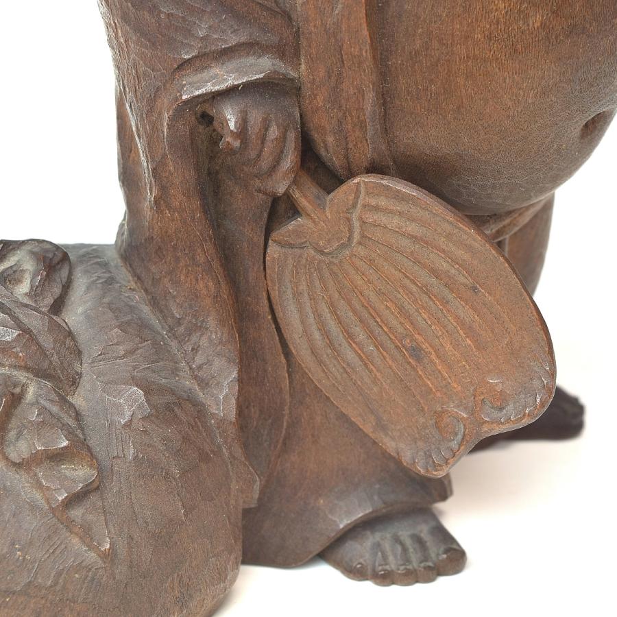 趣楽】 大正時代 雪亭作 「月見布袋像」 高さ13cm 木材ノミ彫り