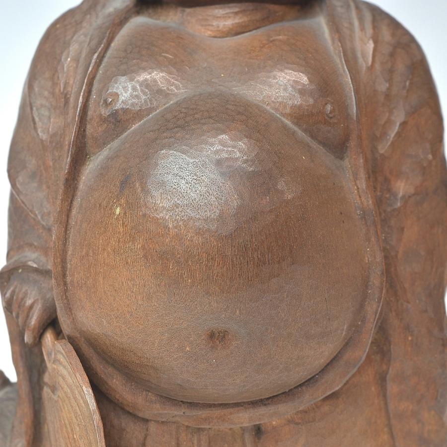 趣楽】 大正時代 雪亭作 「月見布袋像」 高さ13cm 木材ノミ彫り