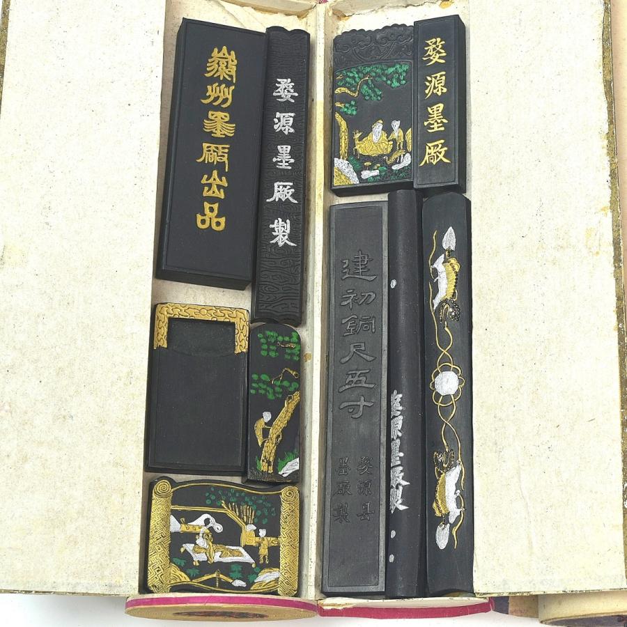 趣楽】 中国古玩 書道具 古墨10個入り巻物 巻墨 I1901 趣楽】 中国古玩 書道具 古墨10個入り巻物 巻墨 I1901