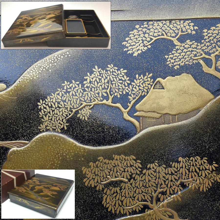 趣楽】 時代 風景蒔絵硯箱 細密蒔絵 文房具 I1941 : 趣楽堂