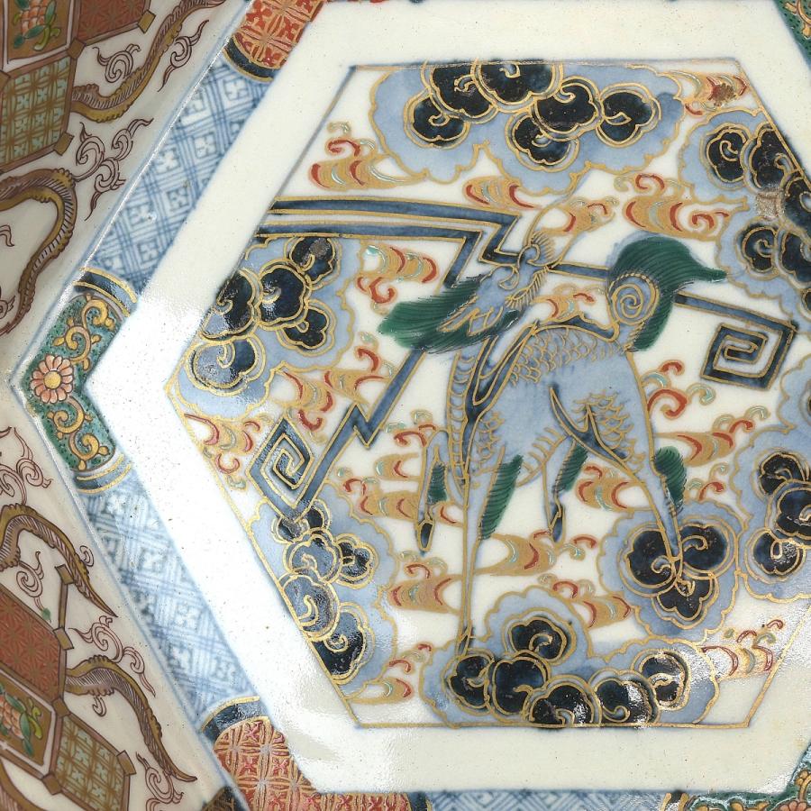 趣楽】 明治時代 古伊万里錦手麒麟に鳳凰文六角鉢 幅32cm