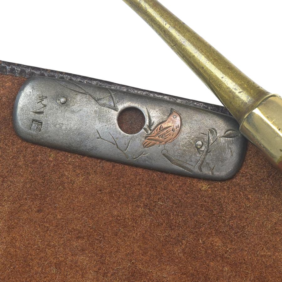 趣楽】 明治時代 煙管入り煎茶金具煙草入れ 在銘 喫煙具 M1941