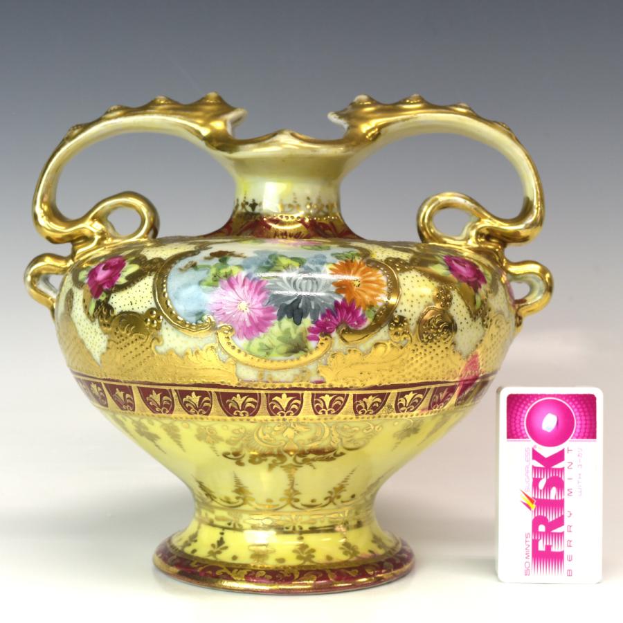 ノリタケ 【趣楽】 オールドノリタケ 花図金彩耳付花瓶 幅20，5cm