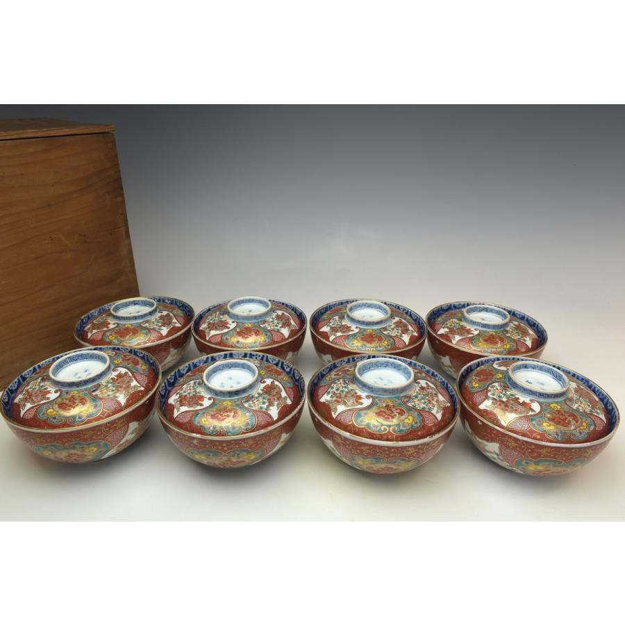 趣楽】 明治時代 古伊万里細密絵付け蓋茶碗 八客 高級和食器 趣楽】 明治時代 古伊万里細密絵付け蓋茶碗 八客 高級和食器