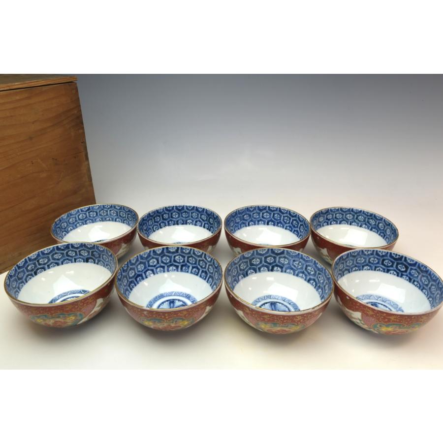 趣楽】 明治時代 古伊万里細密絵付け蓋茶碗 八客 高級和食器 趣楽】 明治時代 古伊万里細密絵付け蓋茶碗 八客 高級和食器