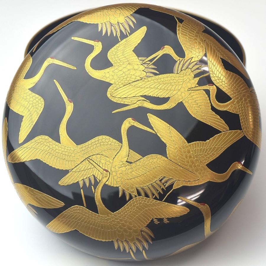 趣楽】 蒔絵師 一瓢斎作 群鶴蒔絵棗 直径8，5cm 共箱 共布 本物