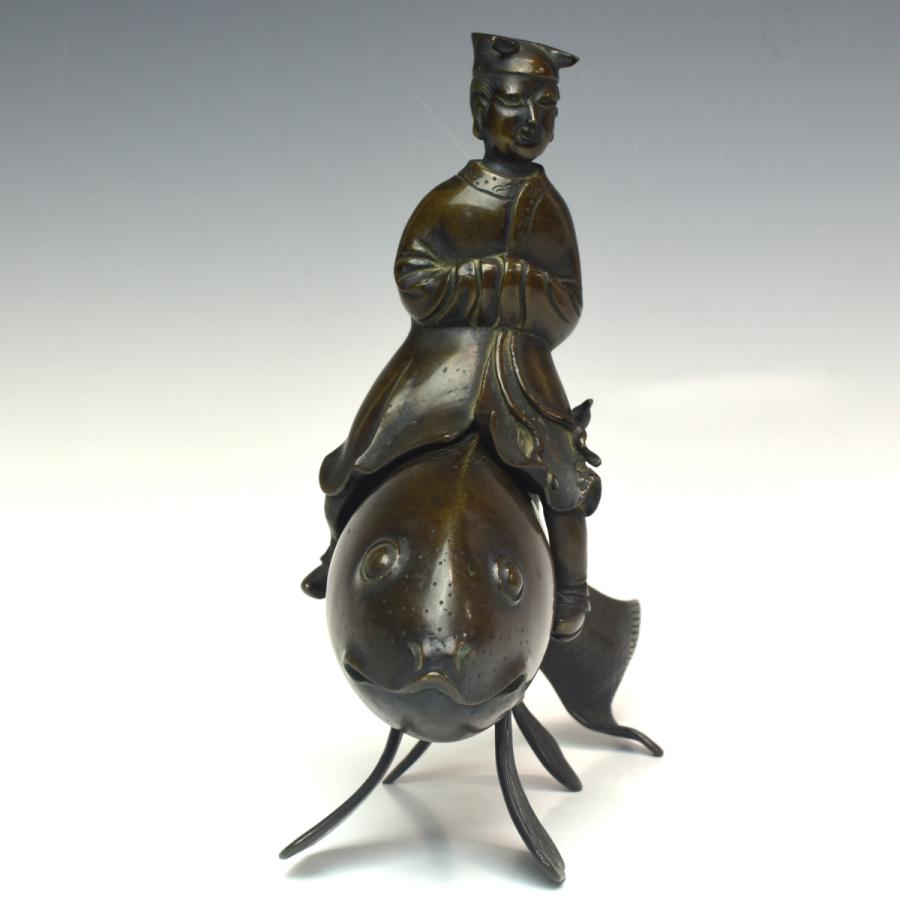 【香炉】琴高仙人　鉄製 趣楽】 中国古玩 古銅琴高仙人香炉 幅25cm 重量1149g