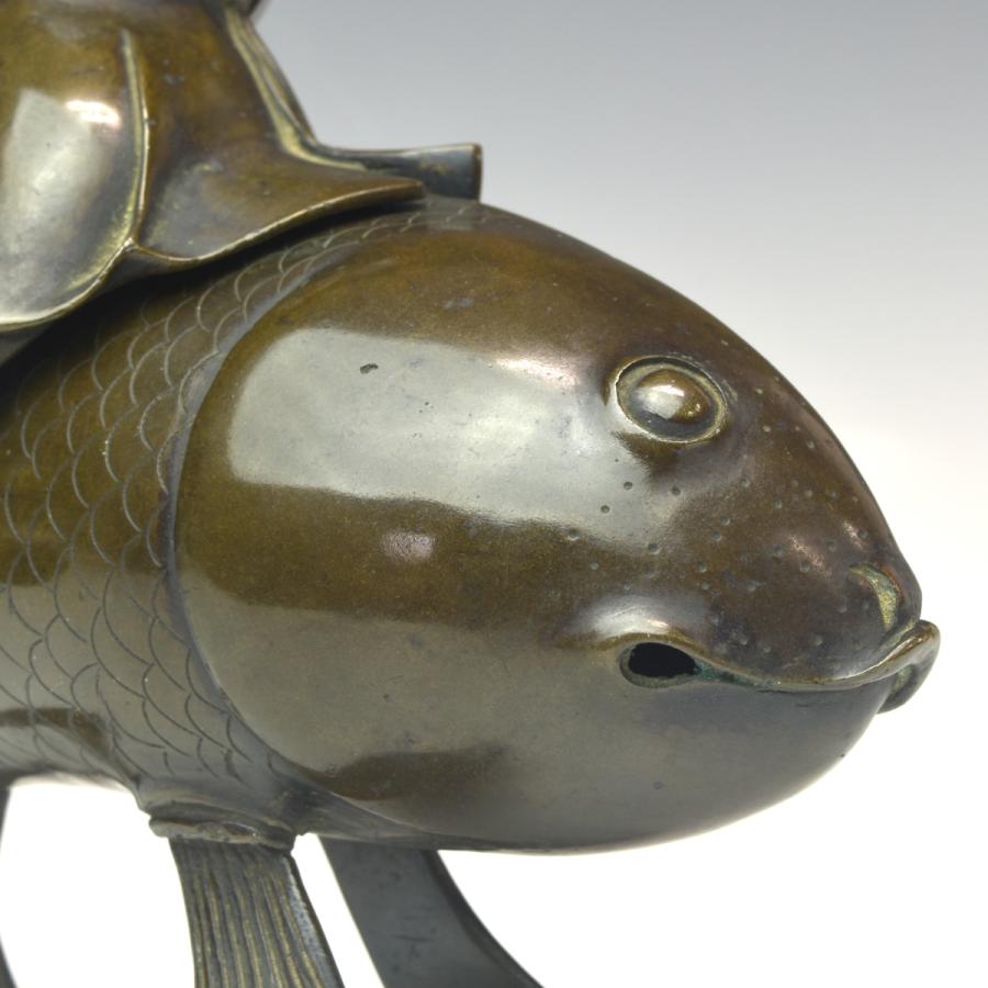 趣楽】 中国古玩 古銅琴高仙人香炉 幅25cm 重量1149g