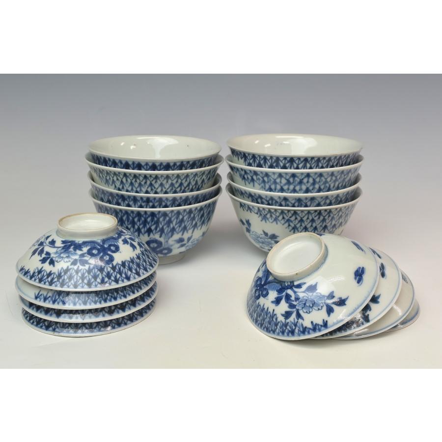 趣楽】 江戸時代末期 古伊万里花蝶図蓋茶碗八客 上手 本物保証 煎茶 