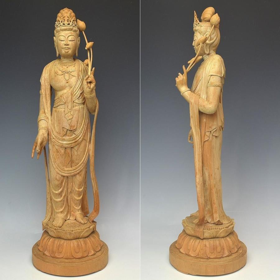 趣楽】 沖田景雲作 木彫り 聖観音菩薩像 高さ55，5cm 共箱 仏像