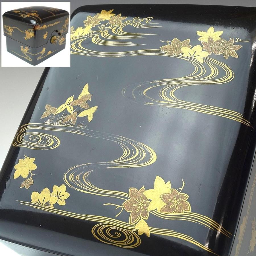 趣楽】 明治時代 葉流水文蒔絵玉手箱 幅18cm W1861 : 趣楽堂